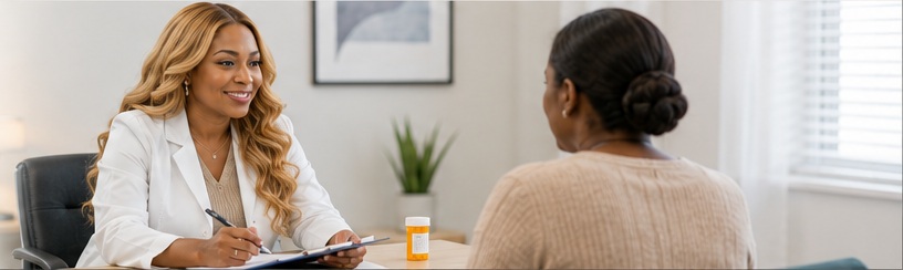 Black psychiatric medication prescriber meeting with a patient