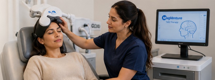 Client receiving transcranial magnetic stimulation treatment